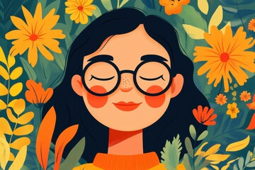 Poster - The artwork features a person with glasses surrounded by a vibrant floral background, showcasing a joyful blend of colorful flowers and nature.