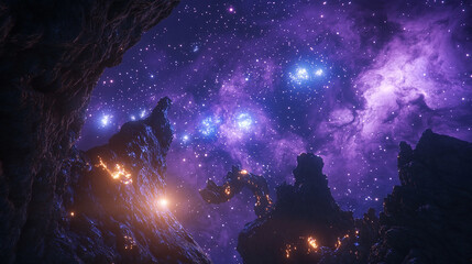 A beautiful night sky with a purple and blue hue. The sky is filled with stars and the mountains are covered in snow
