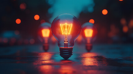 Fototapete - A glowing light bulb stands prominently on a wet street, with blurred streetlights in the background, creating a moody, atmospheric scene