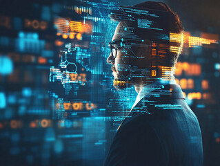A business professional examines a complex array of digital information and graphics, fully engaged in data analysis
