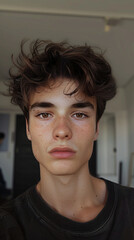 Wall Mural - A selfie of a 16-year-old boy with brown eyes and curly brown hair. 