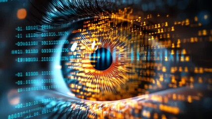 Leinwandbilder - Digital Eye of Data: A mesmerizing close-up of a human eye overlaid with streams of vibrant, flowing digital code, symbolizing the intersection of human perception and the digital age.
