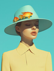 Dreamy Aqua: A serene portrait of a young woman with eyes closed, adorned with a wide-brimmed aqua hat featuring three goldfish, against a vibrant turquoise background.