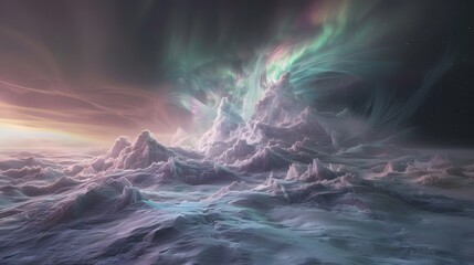 Poster - Surreal snowy tundra glowing under vibrant aurora borealis, intricate icy textures reflecting green and purple light, cinematic minimalism highlighting serene vastness