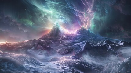 Poster - Dreamlike glacier glowing under vibrant aurora borealis, icy textures illuminated by surreal green and purple light, cinematic storytelling emphasizing vastness