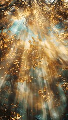Aufkleber - Wide shot of a dense forest illuminated by golden shafts of light, vibrant autumn leaves creating a cinematic serene atmosphere