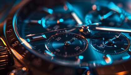 Aufkleber - Close-up macro shot of a luxury wristwatch, intricate metal textures reflecting soft ambient light, cinematic framing emphasizing precision and elegance, glowing highlights on the watch face adding