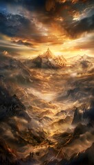 Aufkleber - Wide-angle panoramic shot of a glowing golden valley, mist rolling between jagged peaks under cinematic golden hour light