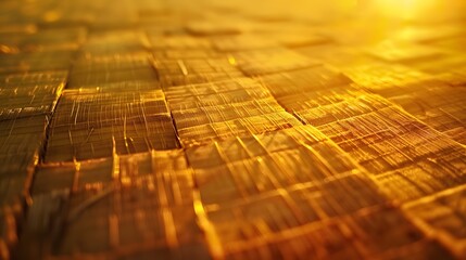 Aufkleber - Aerial view of golden wheat fields, geometric patterns glowing under sunset light, cinematic perspective
