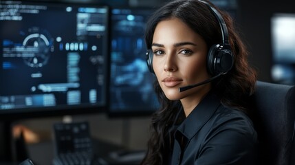 An  female call center worker in a modern office using a computer with a headset, a high-tech interface on the screen, and a dark background. 