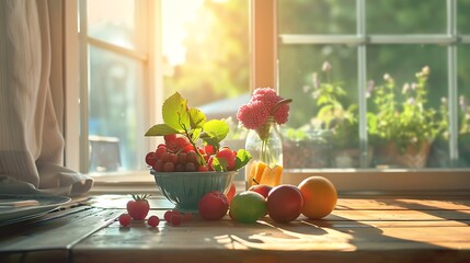 Wall Mural - Fruits on a wooden table in the kitchen.