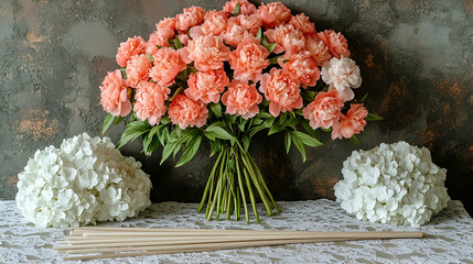 Wall Mural - Beautiful Peach Pink Peonies Bouquet With Hydrangeas On Lace Table