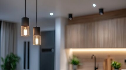 Wall Mural - Black pendant lamps enhance the sleek design of a kitchen, casting soft shadows and creating a warm ambiance with natural light