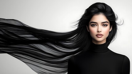 Wall Mural - Classic monochrome portrait of a poised woman with elegant wavy hair, standing against a minimalist white studio background, wearing a long black gown, soft shadows adding depth, museum-quality 