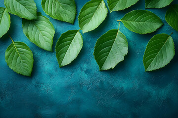 Wall Mural - Fresh Green Leaves On Teal Background