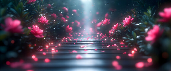 Wall Mural - Glowing Pink Flower Pathway at Night