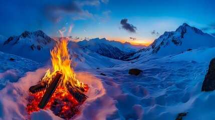 Aufkleber - Burning campfire casting warm glow against a backdrop of snow capped mountain peaks at a dramatic colorful sunset  and survival in the remote untamed wilderness