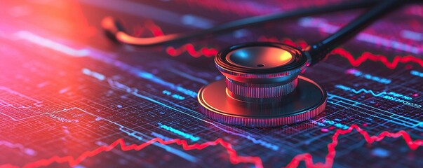 Poster - Stethoscope and digital health chart concept. Stethoscope on a digital background with medical graphs and data analysis.