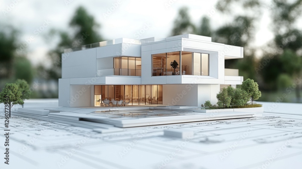 3D renders and plans of an eco friendly modern building Stock Photo ...