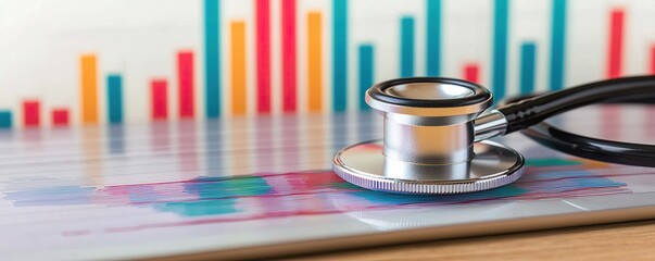 Fototapete - Stethoscope and digital health chart concept. Stethoscope resting on a medical chart with colorful data visualizations in the background.
