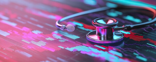 Leinwandbilder - Stethoscope and digital health chart concept. A colorful stethoscope resting on a digital background, symbolizing health technology and data analysis.