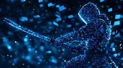 Cyberpunk Samurai Warrior with Katana Sword in Digital Blue Light