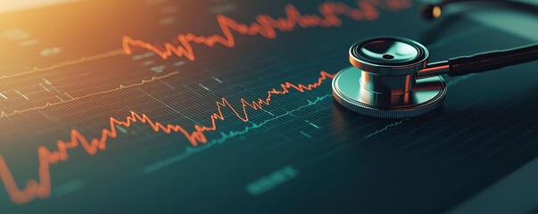 Fototapete - Stethoscope and digital health chart concept. Medical stethoscope resting on a digital heartbeat monitor displaying vital signs.