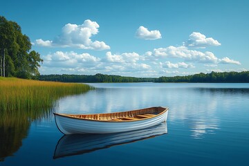  Serene lake scene with a wooden boat floating peacefully under a blue sky with fluffy clouds