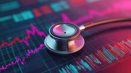 Leinwandbilder - Stethoscope and digital health chart concept. A stethoscope on a digital health monitor displaying heart rate data.