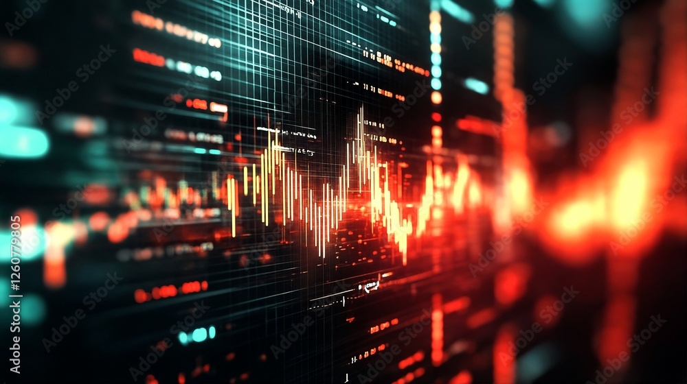 A futuristic stock market display featuring red and green bars against a black background with grid lines.