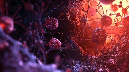 Aufkleber - Captivating abstract image showcasing the intricate and mesmerizing microscopic cellular structures in vibrant red tones evoking a sense of scientific research investigation