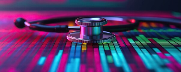 Poster - Stethoscope and digital health chart concept. Stethoscope on a colorful digital soundwave background, symbolizing health and technology integration.