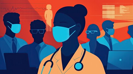 Aufkleber - Healthcare professionals in masks, focused on their work in a digital environment.