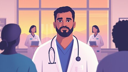 Aufkleber - A healthcare professional stands confidently, surrounded by colleagues in a modern medical setting at sunset.