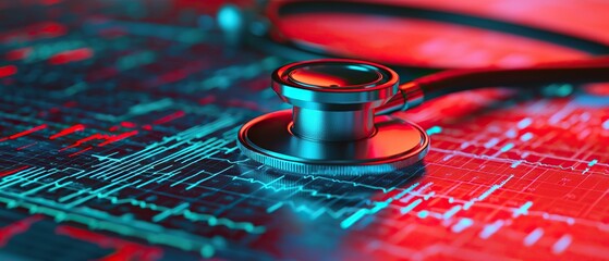 Poster - Stethoscope and digital health chart concept. Stethoscope on a digital background with blue and red light effects, symbolizing healthcare technology.