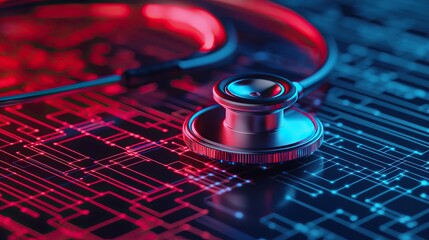Fototapete - Stethoscope and digital health chart concept. Stethoscope on a digital circuit background, symbolizing health technology and innovation.