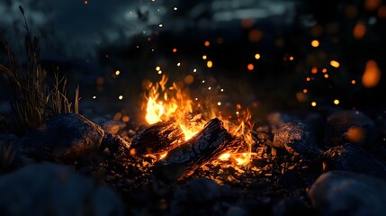 Poster - Captivating campfire flames illuminating the serene wilderness at night creating a warm and cozy atmosphere for outdoor adventure and