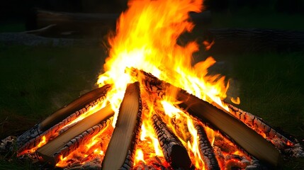 Poster - Captivating campfire flames illuminating the tranquil outdoor landscape at night creating a cozy and inviting atmosphere for camping s mores and outdoor leisure activities