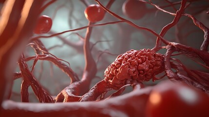 Poster - Captivating digital abstract image depicting a microscopic organic fractal structure that resembles the complex and intricate shape of a malignant tumor cell