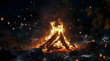 Poster - Captivating image of a roaring campfire illuminating the serene wilderness at night with glowing embers dancing flames and a warm atmospheric glow casting a mesmerizing ambiance