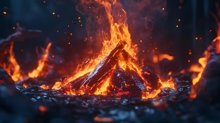 Poster - Captivating image of a roaring campfire with dancing flames and glowing embers creating a mesmerizing intense atmosphere in the wilderness  The fire s warmth and light evoke a sense of adventure