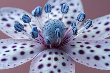 Wall Mural - Close Up Of A Flower With Purple And White Petals And Blue Stamens Against A Light Pink Background