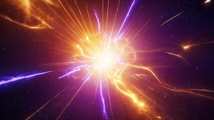 Wall Mural - Cosmic Burst: A vibrant and abstract depiction of a celestial explosion, with streaks of bright purple and orange energy radiating outwards, creating a sense of cosmic wonder and power.