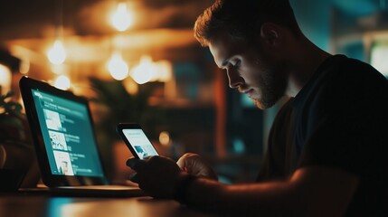 A man with glasses looking at his phone. Mobile programmer testing mobile technologies. Comparing desktop experience with phone website. A man wearing glasses gazing lifestyle at his smartphone.