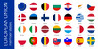 © polgin - Vector illustration of circular flags representing European Union member states, including the EU flag, arranged in a grid with country names