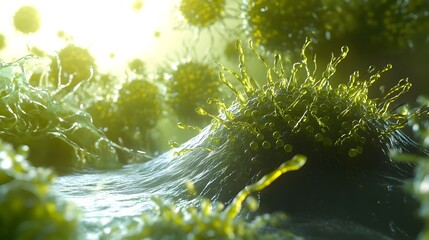 Poster - Close up view of vibrant green moss and foliage growing in a lush natural forest environment  The intricate textures and patterns of the plant life create a serene peaceful natural scene