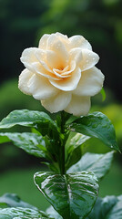 Wall Mural - Close Up Of A Pale Yellow Rose With Dew Drops