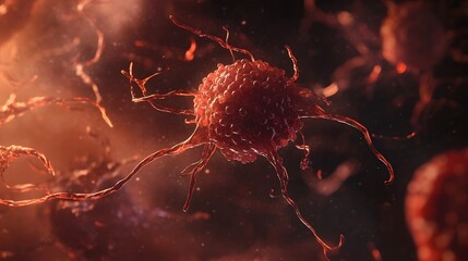 Poster - Closeup Magnified View of a Glowing Red Microbiological Specimen or Organism Under Microscope  Conceptual Image Representing Scientific Research Cell Biology Microbiology or Medical Innovation