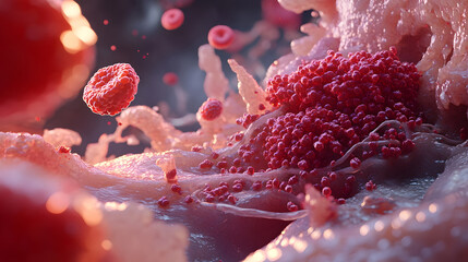 Poster - Closeup Micrographic View of Microscopic Red and Pink Cellular Structures Microorganisms or Viral Agents in a Medical Scientific or Laboratory Research Environment