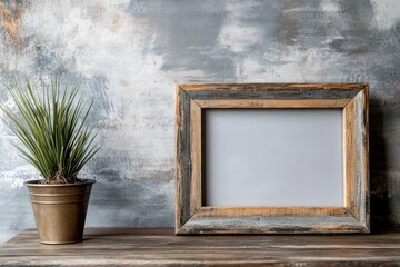 Wall Mural - Rustic wooden frame beside a potted plant on a weathered table against a textured wall backdrop